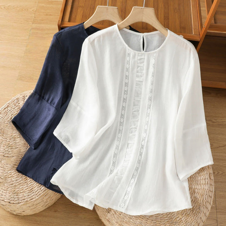 Camisa informal de algodón y lino con cuello redondo y manga tres cuartos para mujer, con estampado de Buddha Stones - image 17