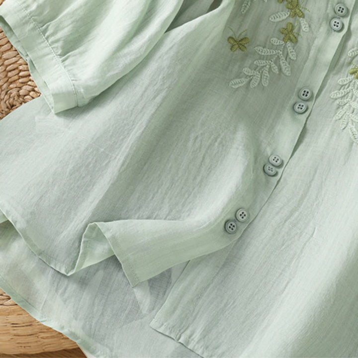 Camisa informal de algodón con bordado de plantas y cuello alto para mujer, de manga tres cuartos, de Buddha Stones - image 6