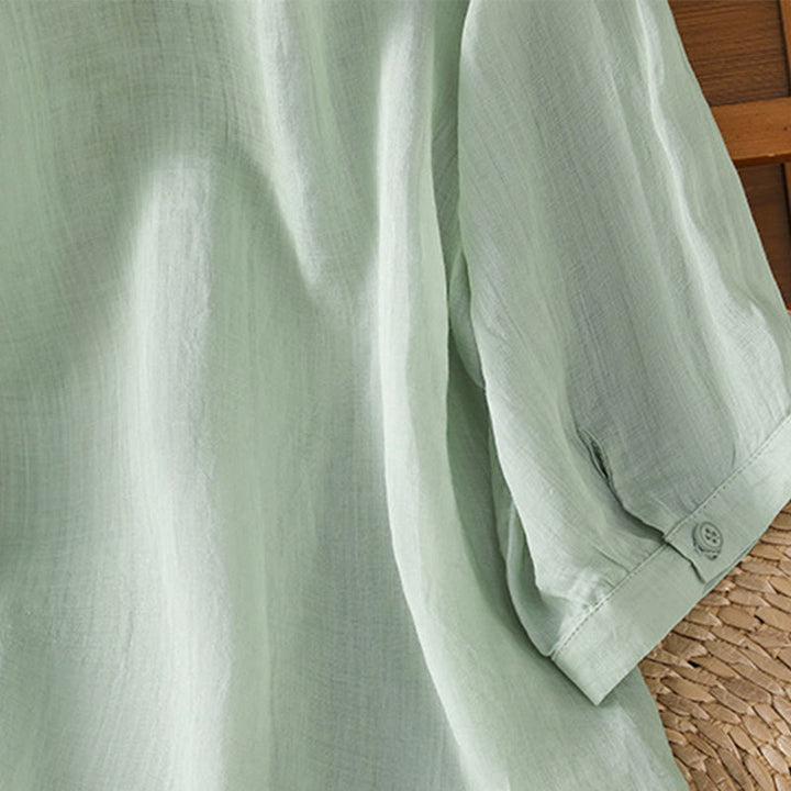 Camisa informal de algodón con bordado de plantas y cuello alto para mujer, de manga tres cuartos, de Buddha Stones - image 6