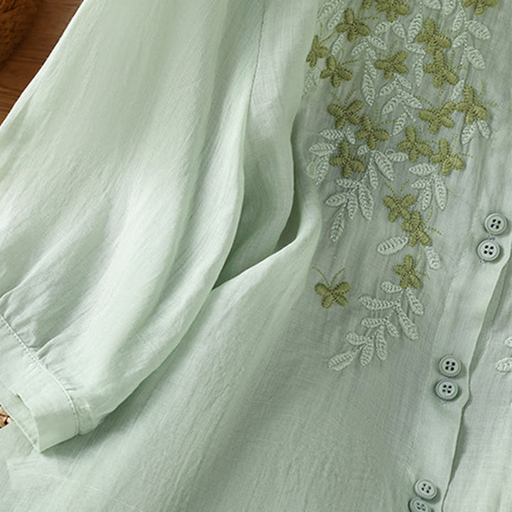 Camisa informal de algodón con bordado de plantas y cuello alto para mujer, de manga tres cuartos, de Buddha Stones - image 5