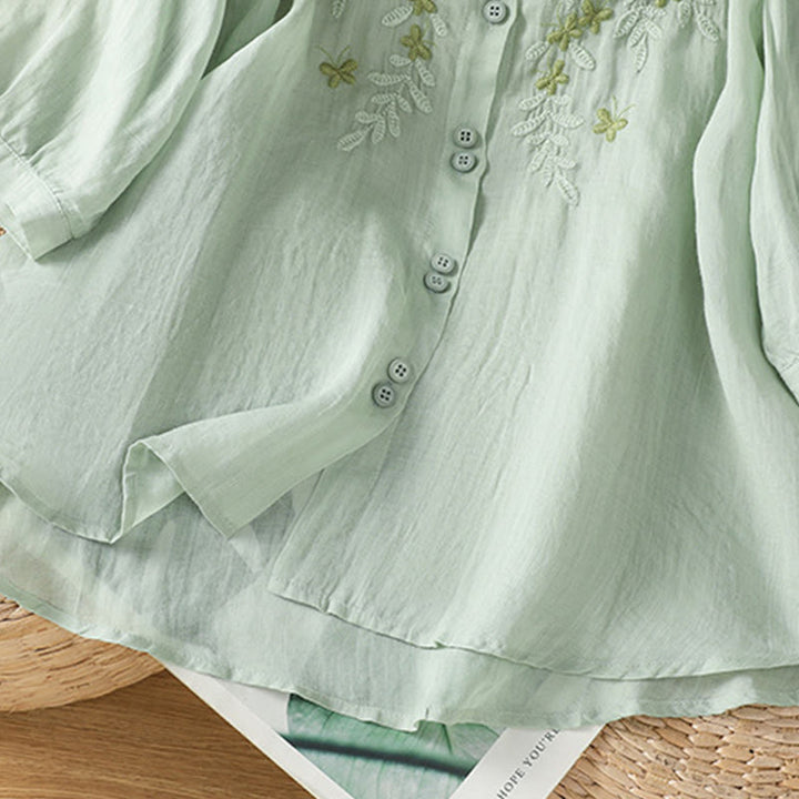 Camisa informal de algodón con bordado de plantas y cuello alto para mujer, de manga tres cuartos, de Buddha Stones - image 3