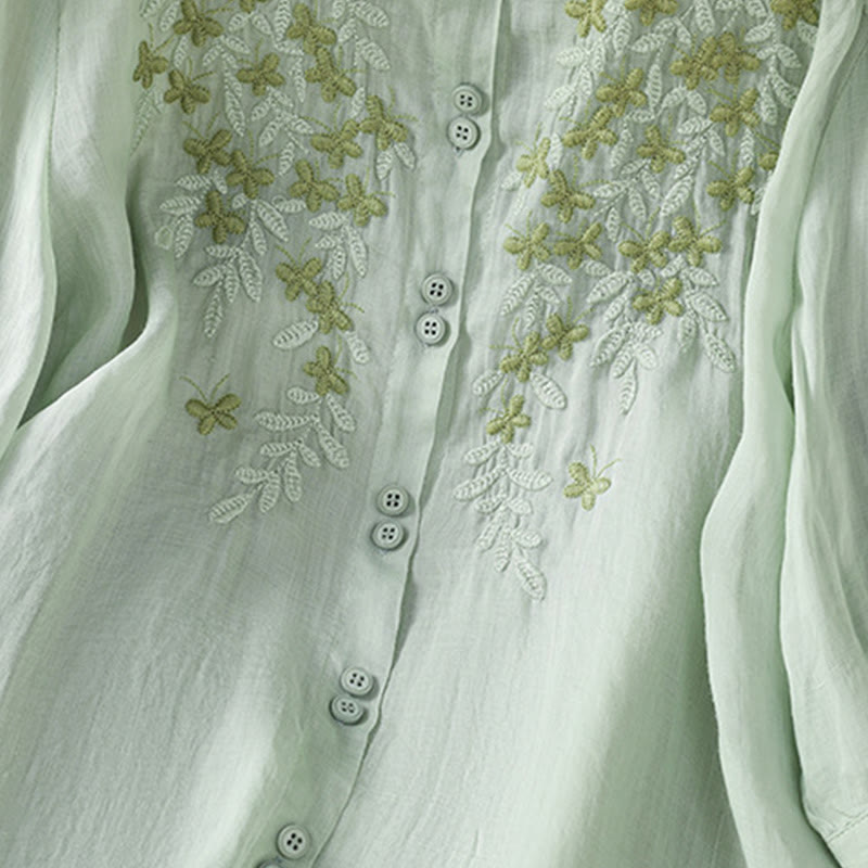 Camisa informal de algodón con bordado de plantas y cuello alto para mujer, de manga tres cuartos, de Buddha Stones - image 8
