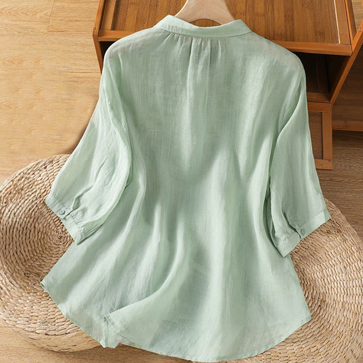 Camisa informal de algodón con bordado de plantas y cuello alto para mujer, de manga tres cuartos, de Buddha Stones - image 1