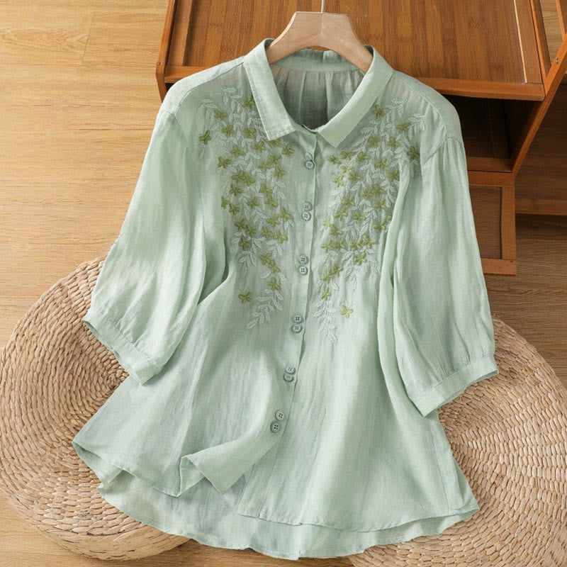 Camisa informal de algodón con bordado de plantas y cuello alto para mujer, de manga tres cuartos, de Buddha Stones - Aguamarina - US8-10，UK/AU12-14，EU40-42 (2XL) - image 0