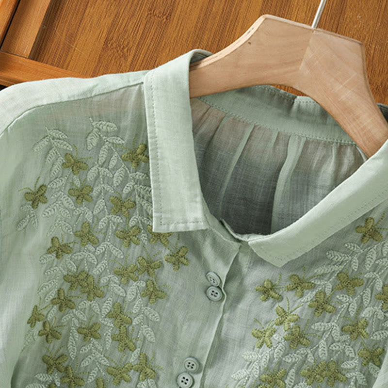 Camisa informal de algodón con bordado de plantas y cuello alto para mujer, de manga tres cuartos, de Buddha Stones - image 9