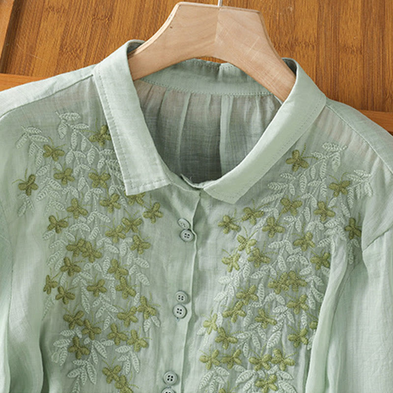 Camisa informal de algodón con bordado de plantas y cuello alto para mujer, de manga tres cuartos, de Buddha Stones - image 10