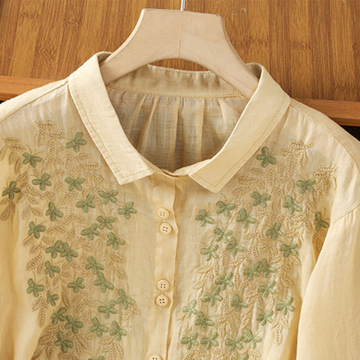 Camisa informal de algodón con bordado de plantas y cuello alto para mujer, de manga tres cuartos, de Buddha Stones - image 13