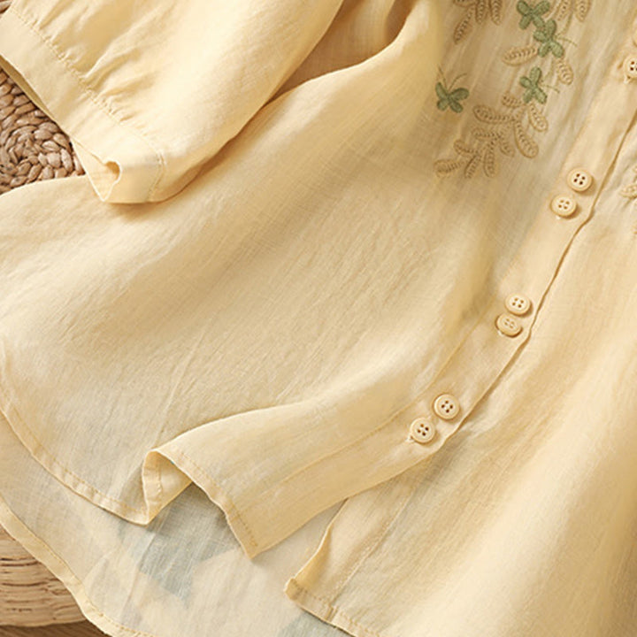 Camisa informal de algodón con bordado de plantas y cuello alto para mujer, de manga tres cuartos, de Buddha Stones - image 19