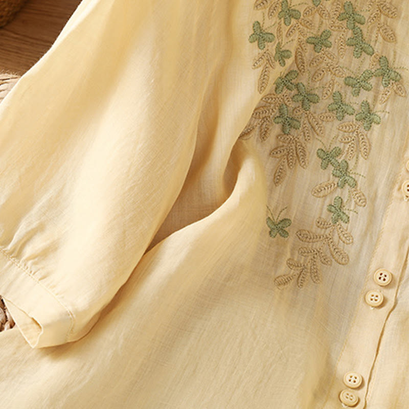 Camisa informal de algodón con bordado de plantas y cuello alto para mujer, de manga tres cuartos, de Buddha Stones - image 17