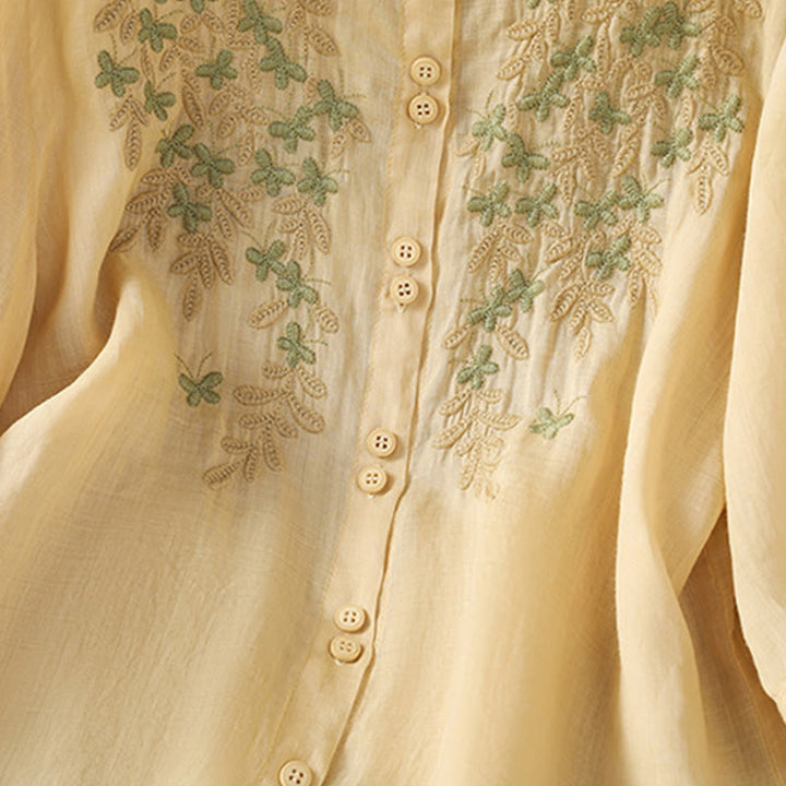 Camisa informal de algodón con bordado de plantas y cuello alto para mujer, de manga tres cuartos, de Buddha Stones - image 16