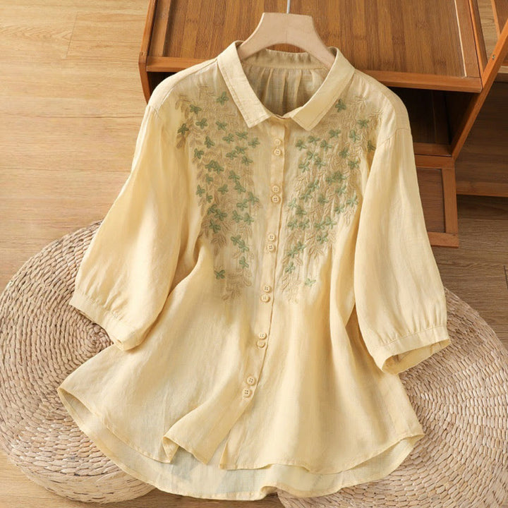 Camisa informal de algodón con bordado de plantas y cuello alto para mujer, de manga tres cuartos, de Buddha Stones - Amarillo dorado claro - US8-10，UK/AU12-14，EU40-42 (2XL) - image 10