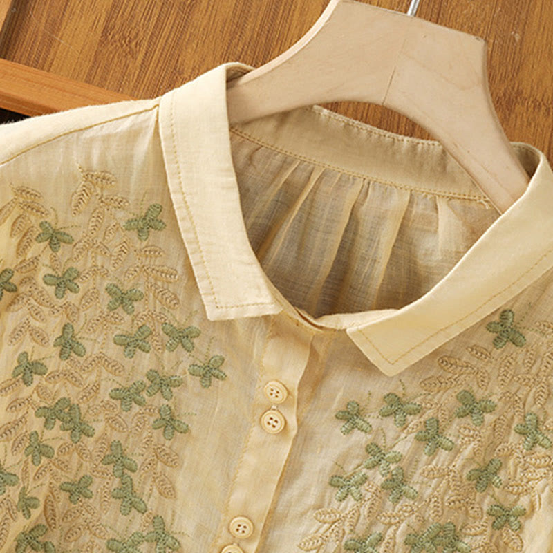 Camisa informal de algodón con bordado de plantas y cuello alto para mujer, de manga tres cuartos, de Buddha Stones - image 20