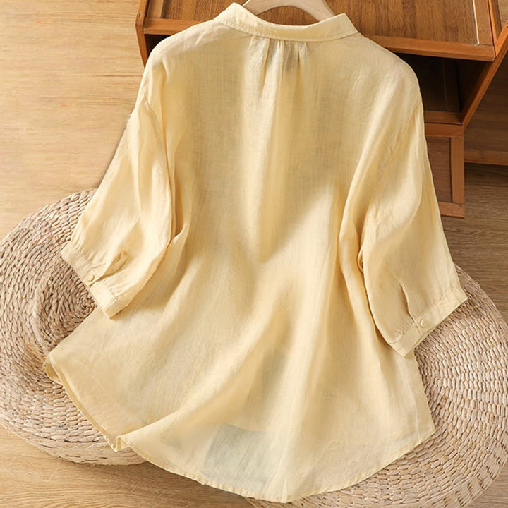 Camisa informal de algodón con bordado de plantas y cuello alto para mujer, de manga tres cuartos, de Buddha Stones - image 12