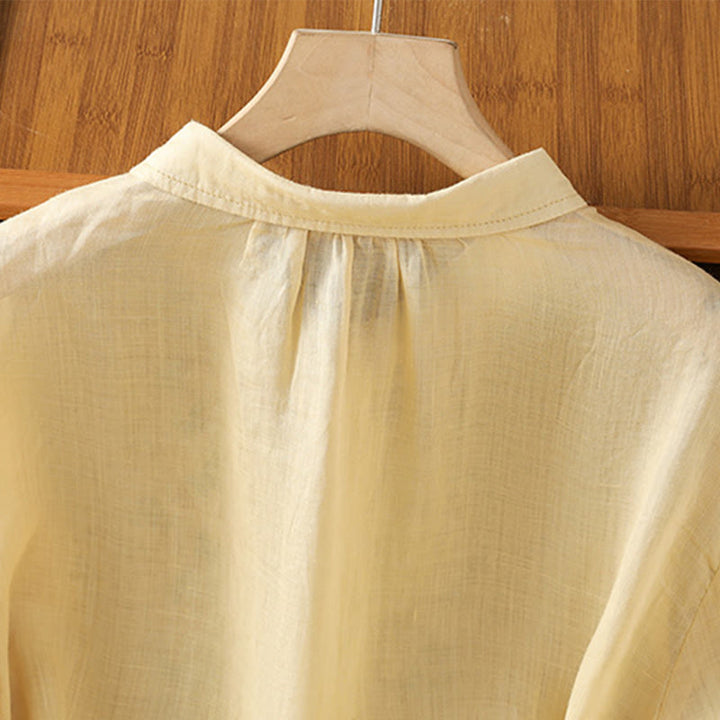 Camisa informal de algodón con bordado de plantas y cuello alto para mujer, de manga tres cuartos, de Buddha Stones - image 18