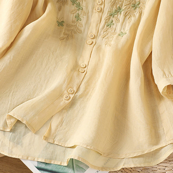 Camisa informal de algodón con bordado de plantas y cuello alto para mujer, de manga tres cuartos, de Buddha Stones - image 21