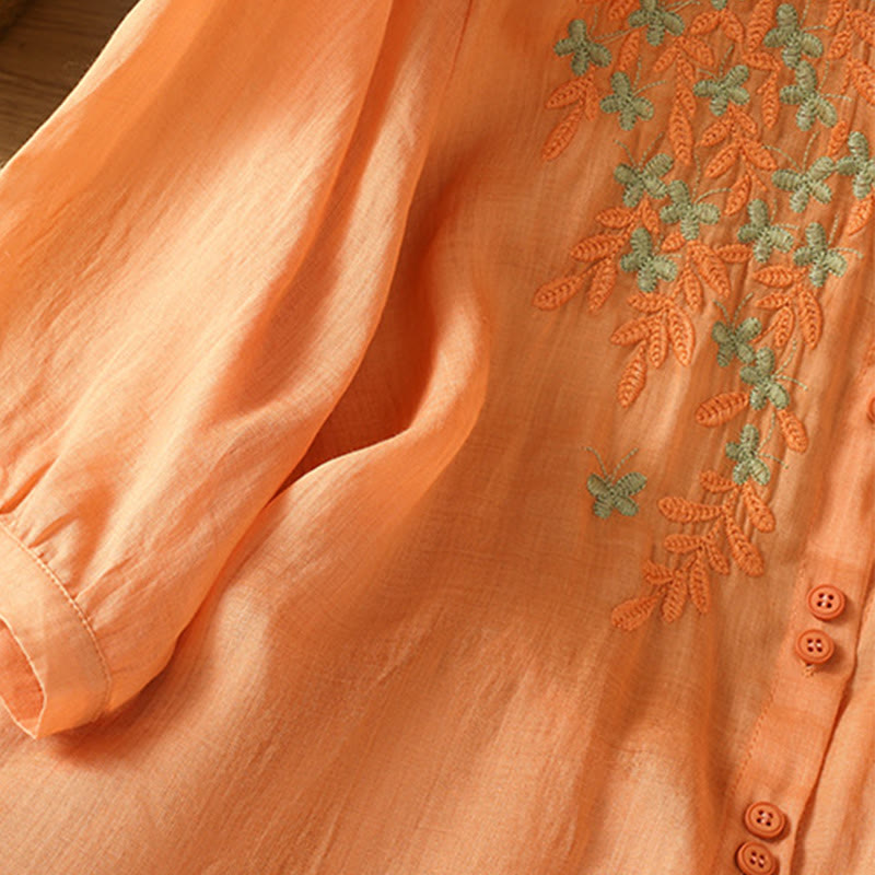 Camisa informal de algodón con bordado de plantas y cuello alto para mujer, de manga tres cuartos, de Buddha Stones - image 31