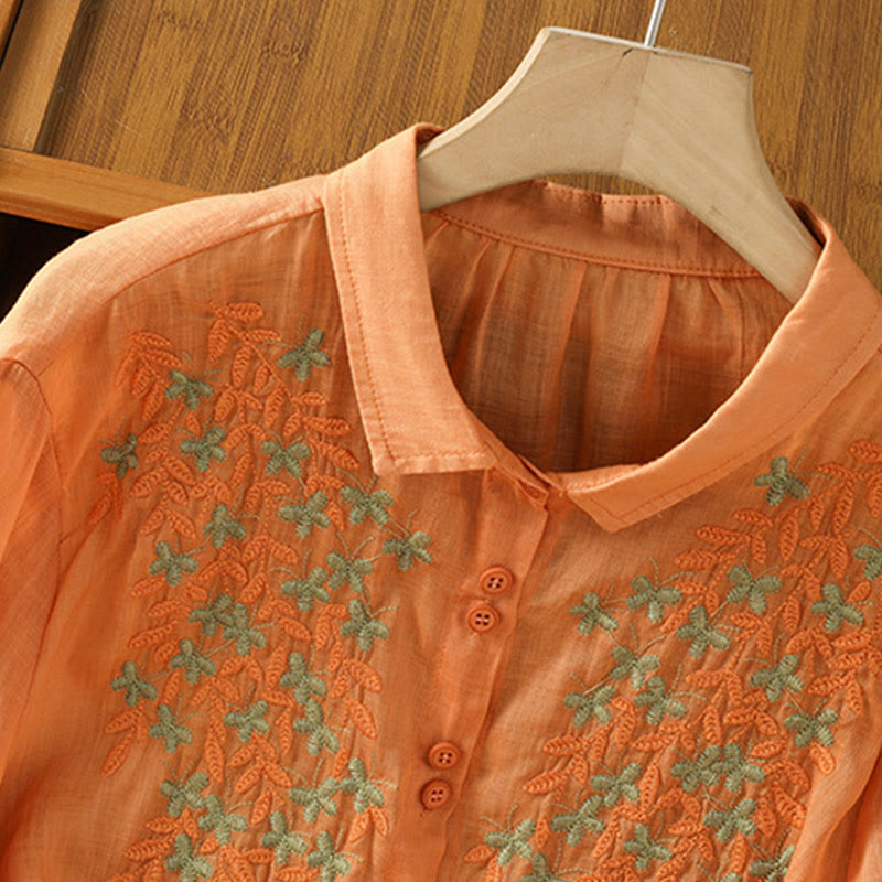Camisa informal de algodón con bordado de plantas y cuello alto para mujer, de manga tres cuartos, de Buddha Stones - image 30