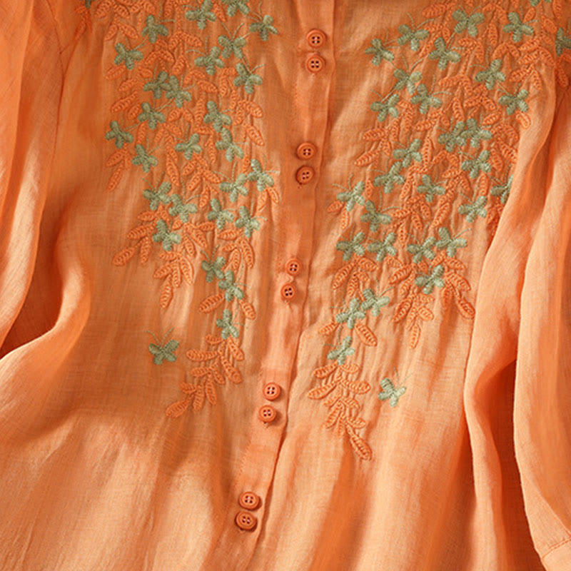 Camisa informal de algodón con bordado de plantas y cuello alto para mujer, de manga tres cuartos, de Buddha Stones - image 28