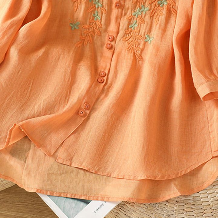Camisa informal de algodón con bordado de plantas y cuello alto para mujer, de manga tres cuartos, de Buddha Stones - image 29