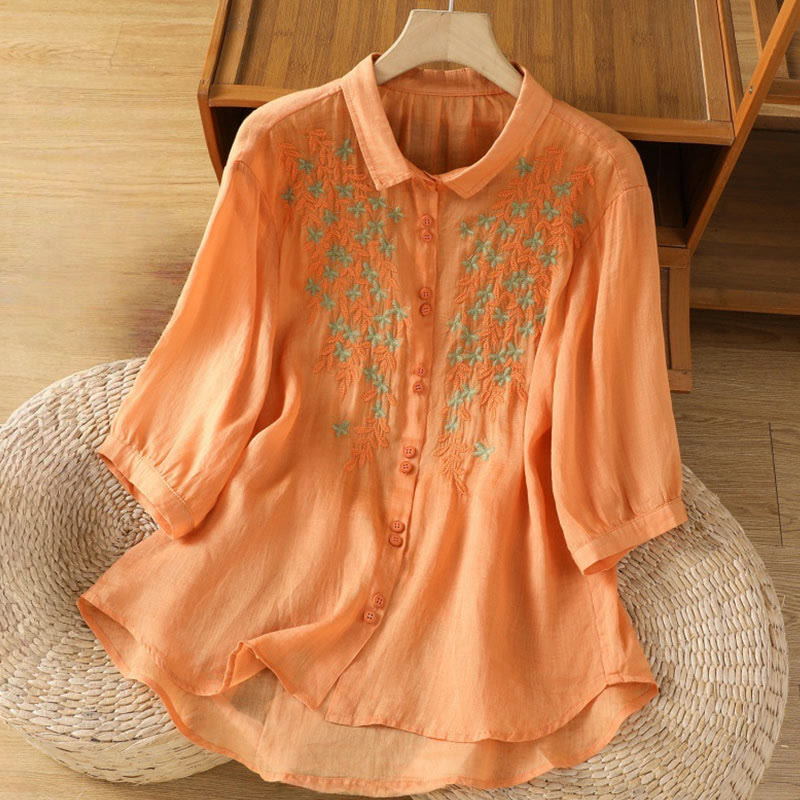 Camisa informal de algodón con bordado de plantas y cuello alto para mujer, de manga tres cuartos, de Buddha Stones - Coral - US8-10，UK/AU12-14，EU40-42 (2XL) - image 21
