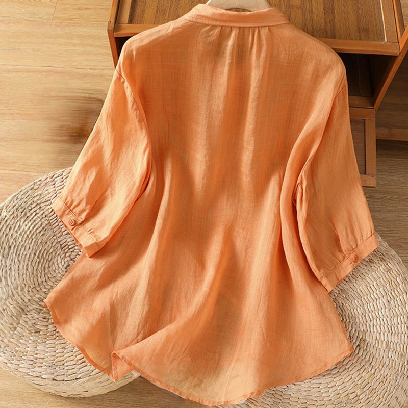 Camisa informal de algodón con bordado de plantas y cuello alto para mujer, de manga tres cuartos, de Buddha Stones - image 27