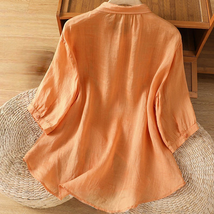 Camisa informal de algodón con bordado de plantas y cuello alto para mujer, de manga tres cuartos, de Buddha Stones - image 27