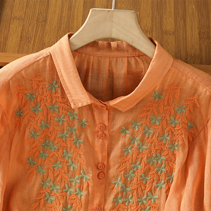 Camisa informal de algodón con bordado de plantas y cuello alto para mujer, de manga tres cuartos, de Buddha Stones - image 23