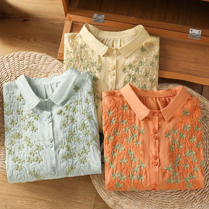 Camisa informal de algodón con bordado de plantas y cuello alto para mujer, de manga tres cuartos, de Buddha Stones - image 32