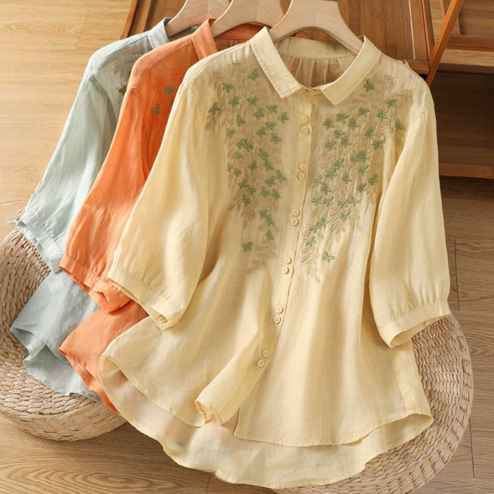 Camisa informal de algodón con bordado de plantas y cuello alto para mujer, de manga tres cuartos, de Buddha Stones - image 31