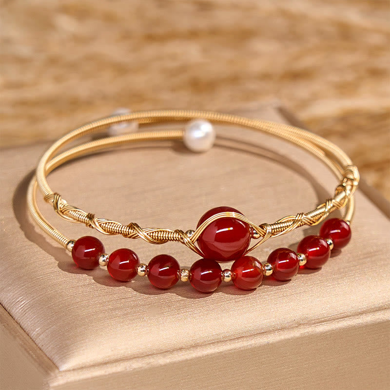 Brazalete de metal con Buddha Stones, relleno de oro de 14 quilates, cuentas de ágata roja natural y cobre, que da confianza. - Ágata roja (circunferencia de la muñeca 14-16 cm) - image 1