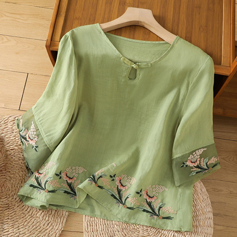 Camisa informal de poliéster con cuello redondo, manga corta y botones de rana para mujer con bordado floral de Buddha Stones - AmarilloVerde - US8-10，UK/AU12-14，EU40-42 (2XL) - image 1