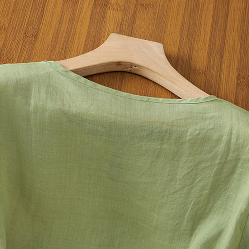 Camisa informal de poliéster con cuello redondo, manga corta y botones de rana para mujer con bordado floral de Buddha Stones - image 5