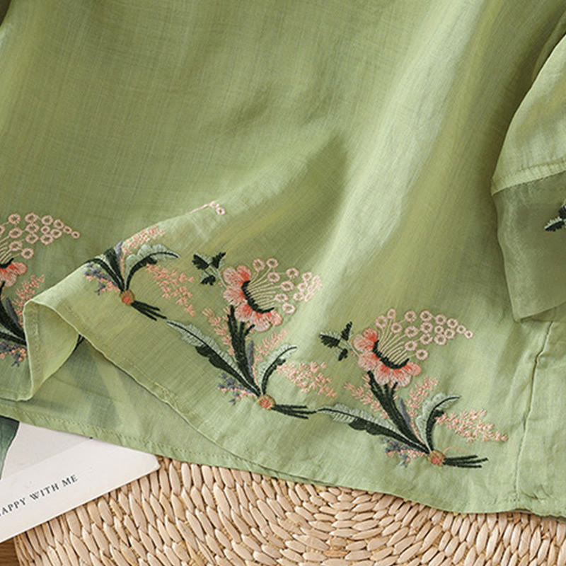 Camisa informal de poliéster con cuello redondo, manga corta y botones de rana para mujer con bordado floral de Buddha Stones - image 6