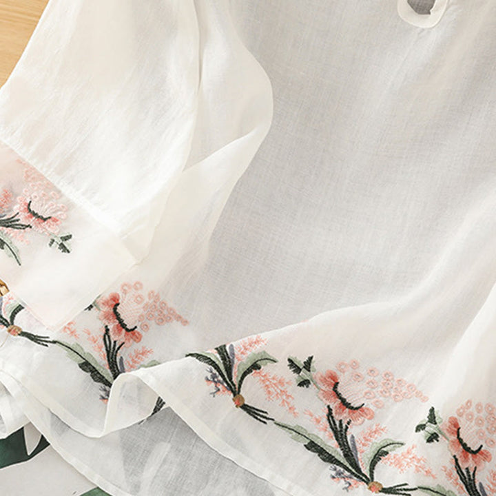 Camisa informal de poliéster con cuello redondo, manga corta y botones de rana para mujer con bordado floral de Buddha Stones - image 15