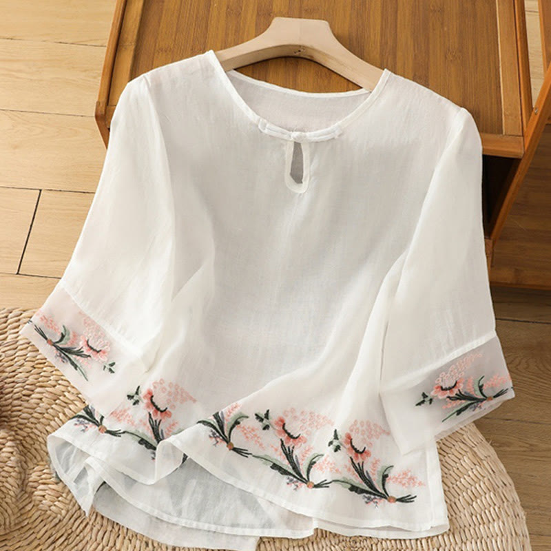 Camisa informal de poliéster con cuello redondo, manga corta y botones de rana para mujer con bordado floral de Buddha Stones - Blanco - US8-10，UK/AU12-14，EU40-42 (2XL) - image 7