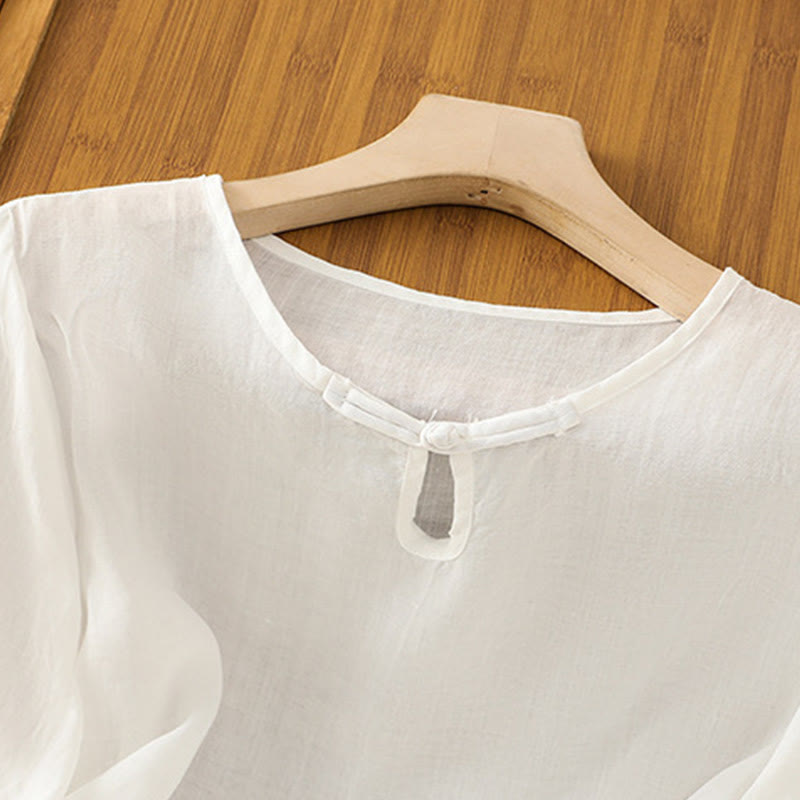 Camisa informal de poliéster con cuello redondo, manga corta y botones de rana para mujer con bordado floral de Buddha Stones - image 9