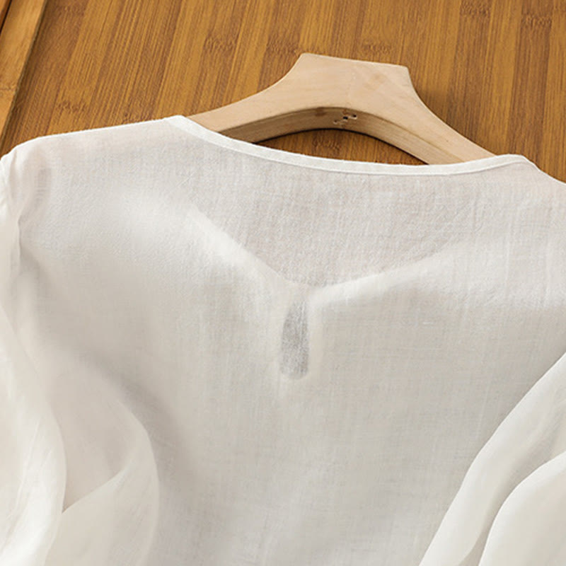 Camisa informal de poliéster con cuello redondo, manga corta y botones de rana para mujer con bordado floral de Buddha Stones - image 10