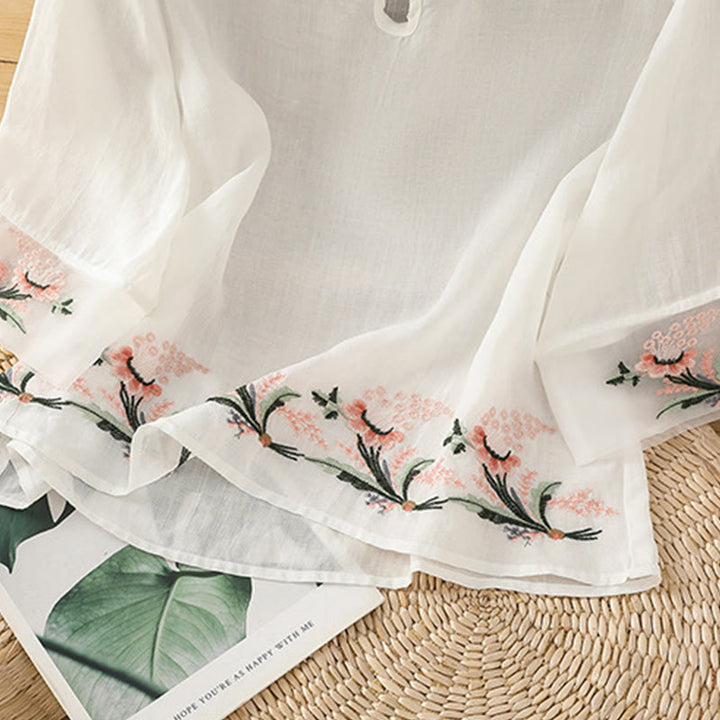 Camisa informal de poliéster con cuello redondo, manga corta y botones de rana para mujer con bordado floral de Buddha Stones - image 13