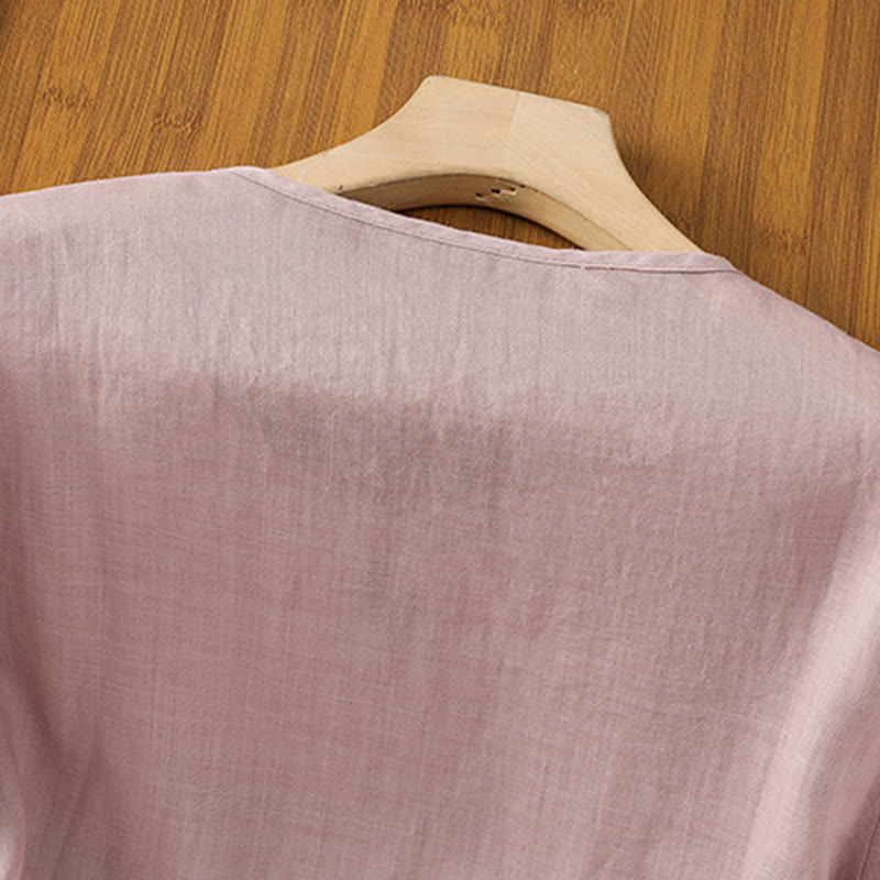 Camisa informal de poliéster con cuello redondo, manga corta y botones de rana para mujer con bordado floral de Buddha Stones - image 19