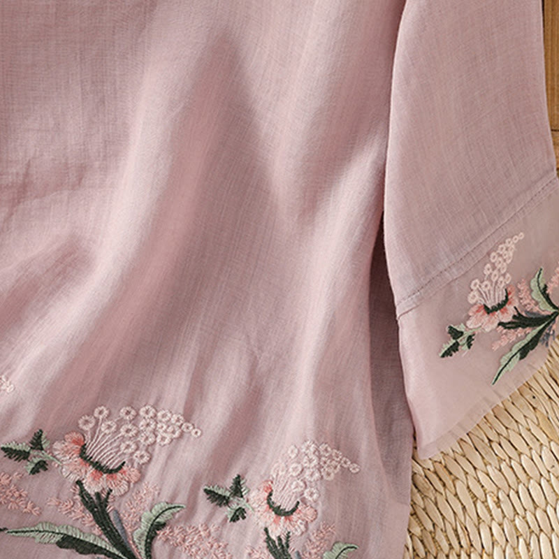 Camisa informal de poliéster con cuello redondo, manga corta y botones de rana para mujer con bordado floral de Buddha Stones - image 21