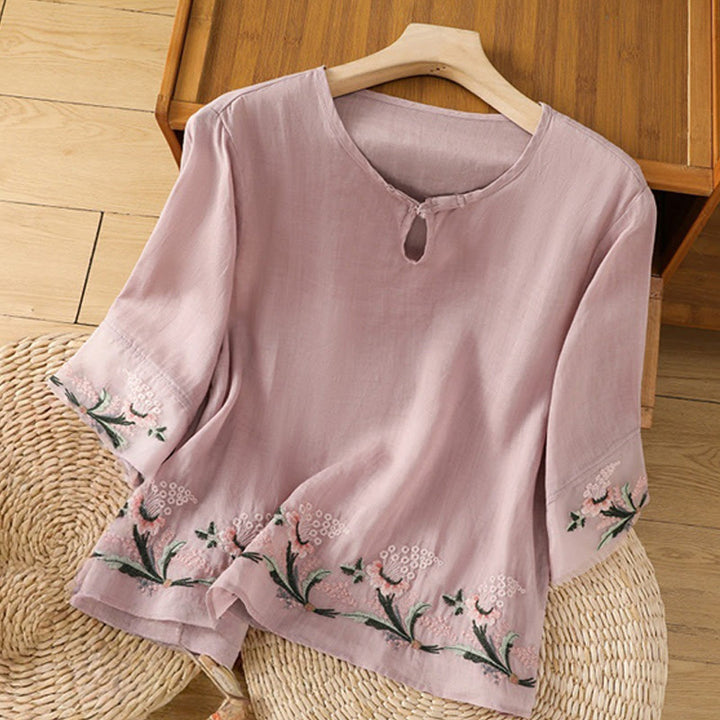 Camisa informal de poliéster con cuello redondo, manga corta y botones de rana para mujer con bordado floral de Buddha Stones - Ciruela - US8-10，UK/AU12-14，EU40-42 (2XL) - image 15