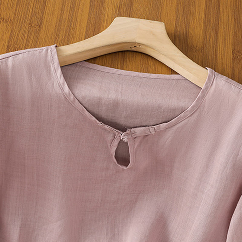 Camisa informal de poliéster con cuello redondo, manga corta y botones de rana para mujer con bordado floral de Buddha Stones - image 20