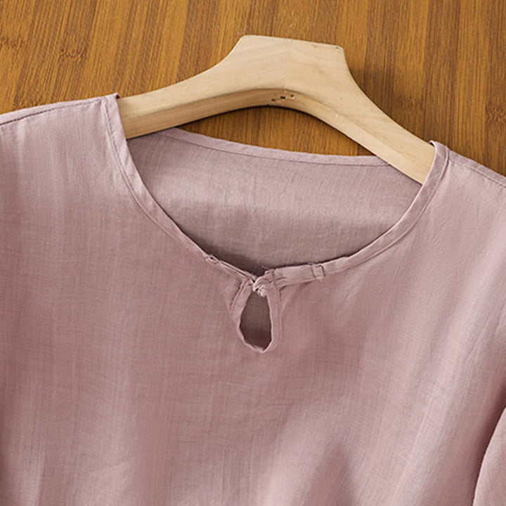 Camisa informal de poliéster con cuello redondo, manga corta y botones de rana para mujer con bordado floral de Buddha Stones - image 20