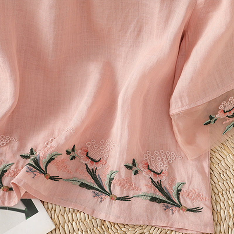 Camisa informal de poliéster con cuello redondo, manga corta y botones de rana para mujer con bordado floral de Buddha Stones - image 27
