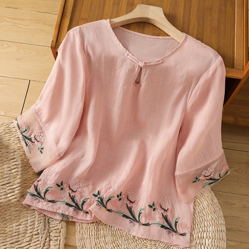 Camisa informal de poliéster con cuello redondo, manga corta y botones de rana para mujer con bordado floral de Buddha Stones - Rosa - US8-10，UK/AU12-14，EU40-42 (2XL) - image 22