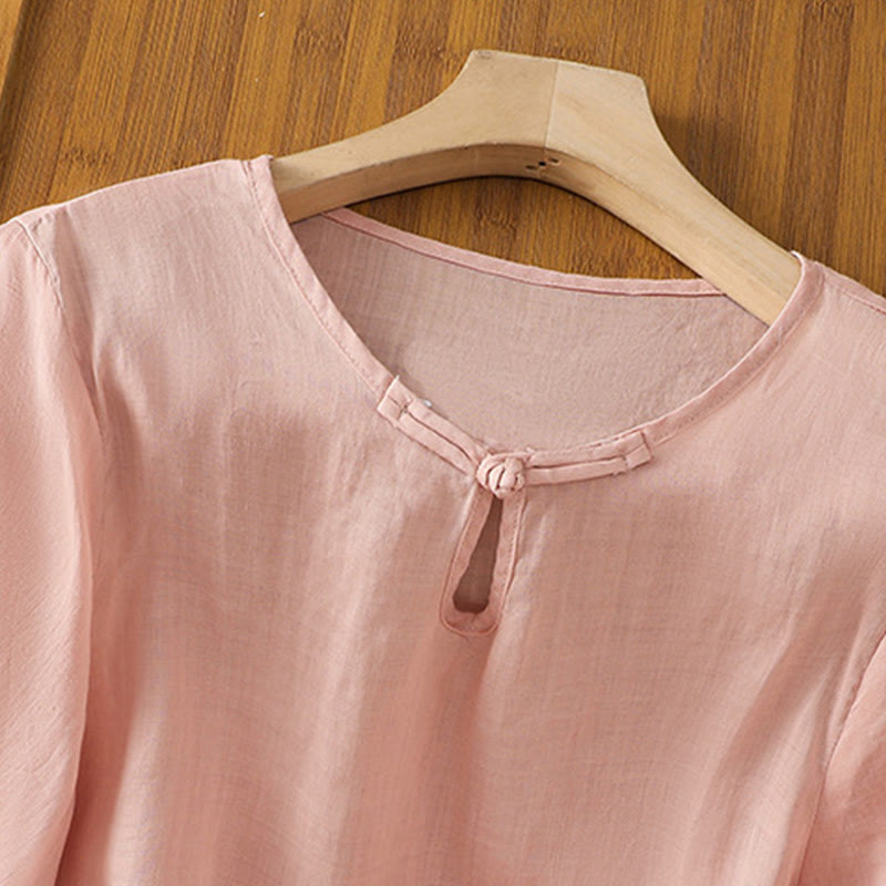 Camisa informal de poliéster con cuello redondo, manga corta y botones de rana para mujer con bordado floral de Buddha Stones - image 25