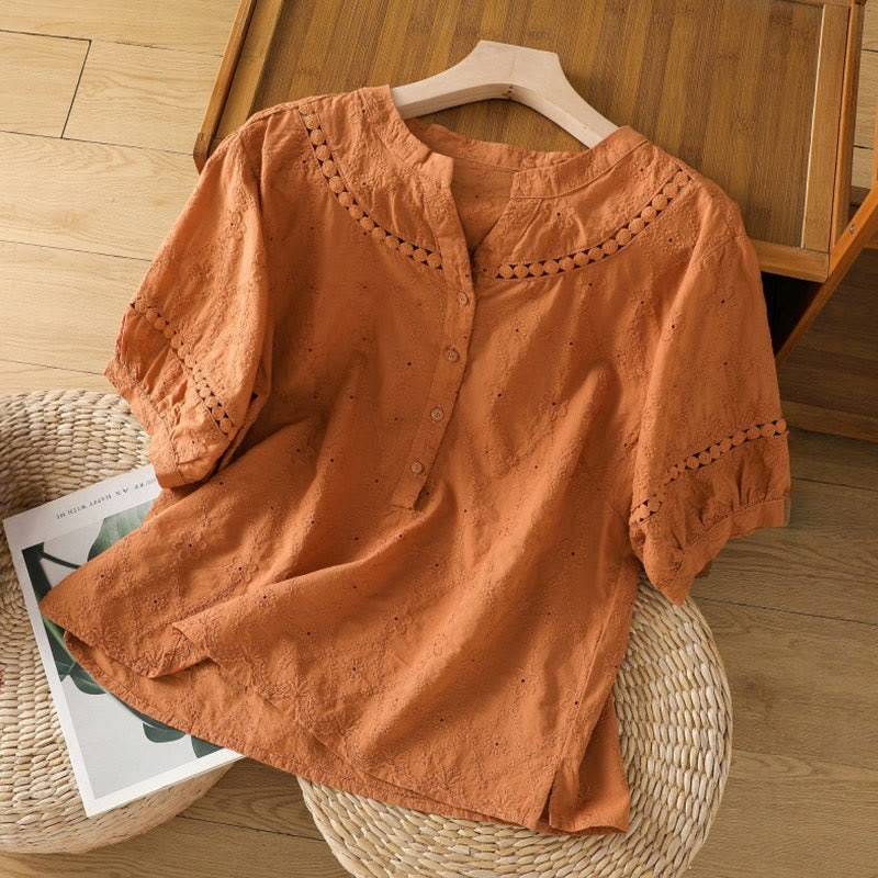 Camisa informal de lino y algodón con muescas huecas y manga corta para mujer con estampado de Buddha Stones - Naranja oscuro - US8-10，UK/AU12-14，EU40-42 (2XL) - image 0