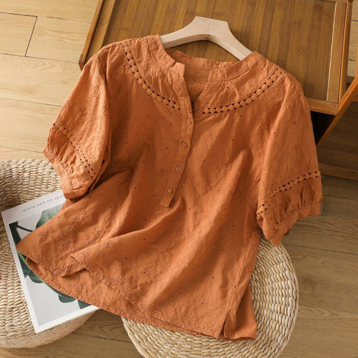 Camisa informal de lino y algodón con muescas huecas y manga corta para mujer con estampado de Buddha Stones - Naranja oscuro - US8-10，UK/AU12-14，EU40-42 (2XL) - image 0
