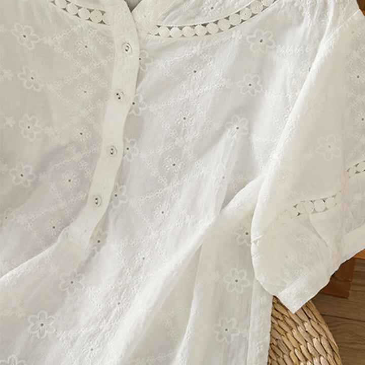 Camisa informal de lino y algodón con muescas huecas y manga corta para mujer con estampado de Buddha Stones - image 14