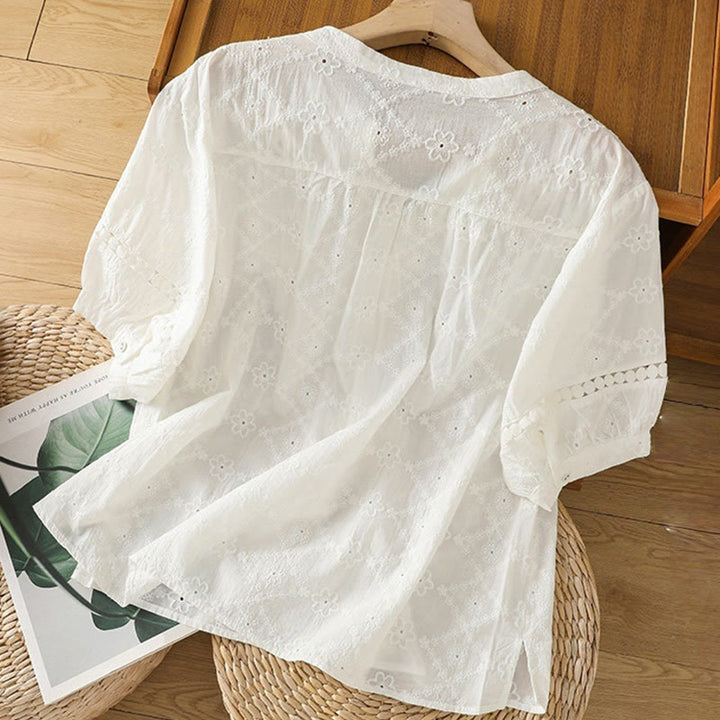 Camisa informal de lino y algodón con muescas huecas y manga corta para mujer con estampado de Buddha Stones - image 8